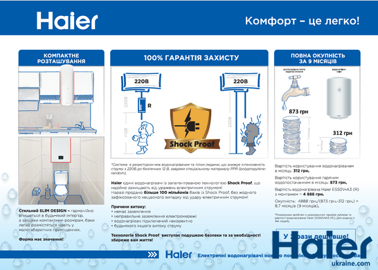 Електричний водонагрівач Haier Круглий Slim ES100V-A3 4